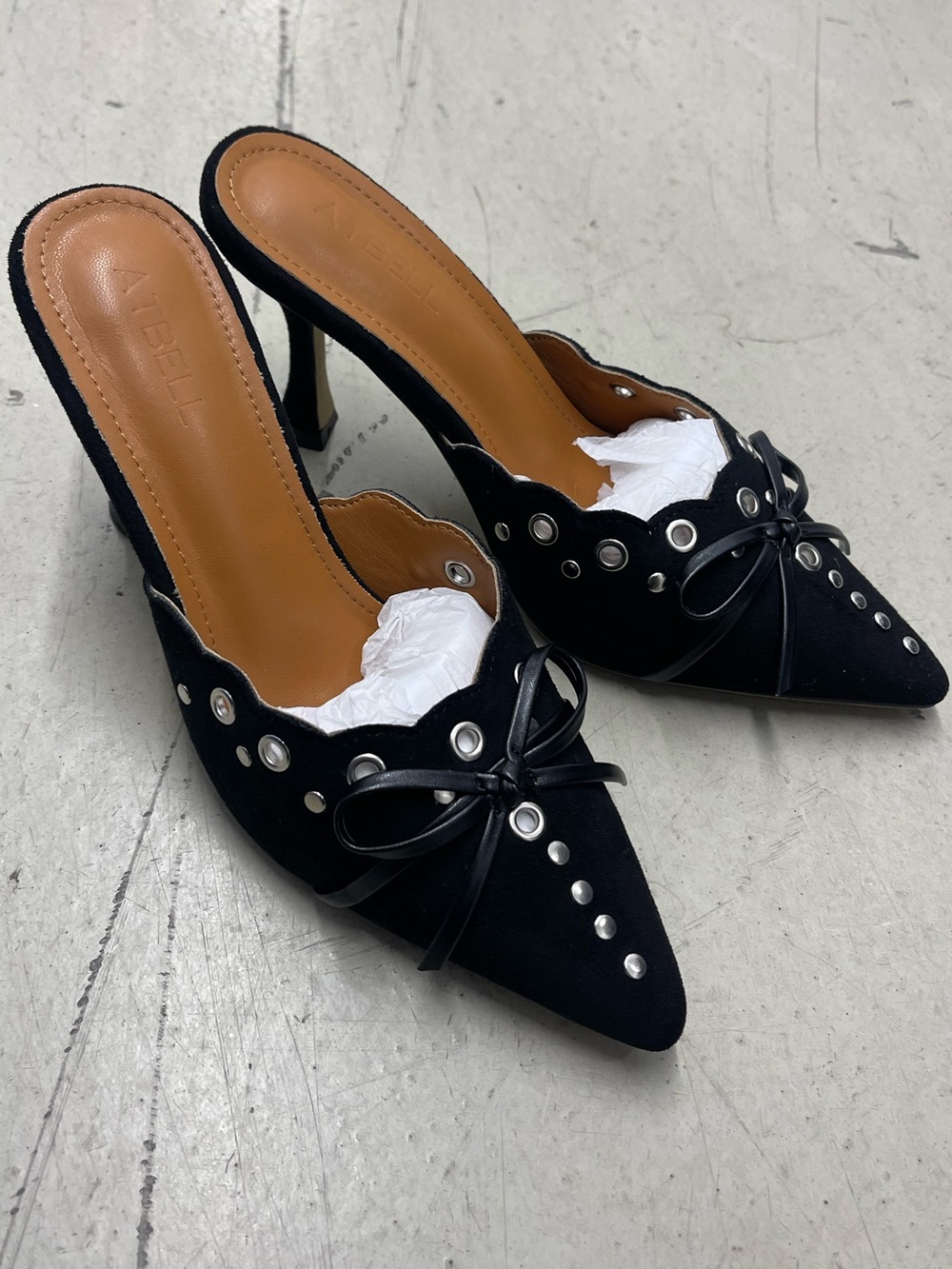 Black Studded Pointed-Toe Mule Heels with Bow Accent